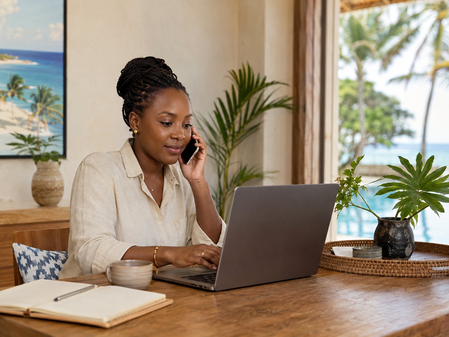 Hazel Sky team member coordinating a booking by phone and laptop