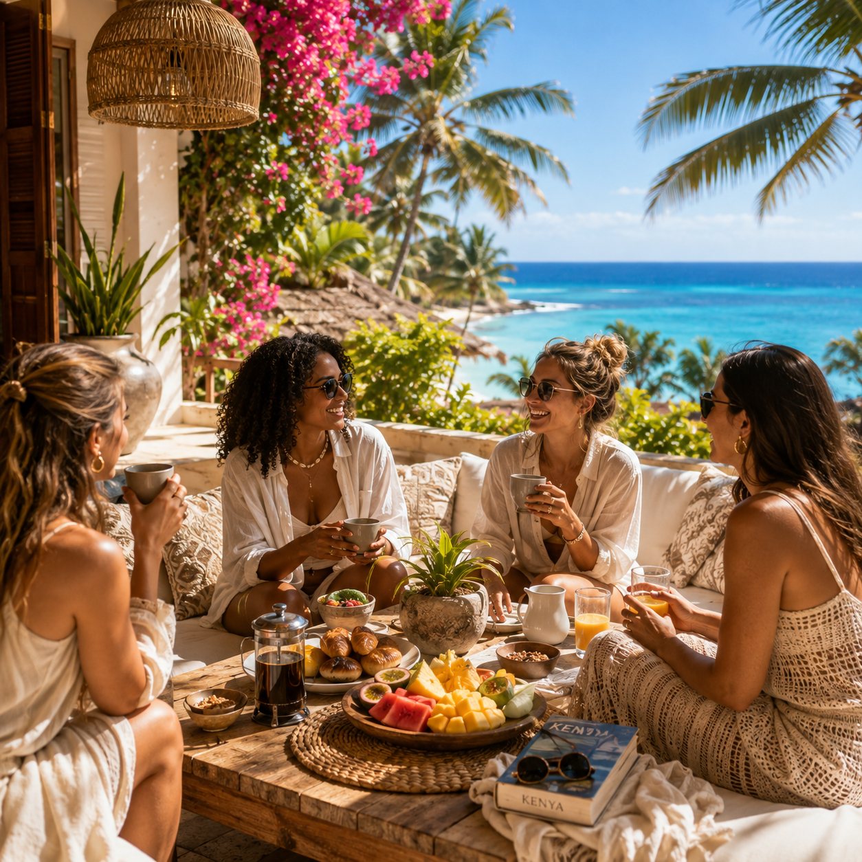 Guests enjoying breakfast on a villa terrace overlooking the ocean