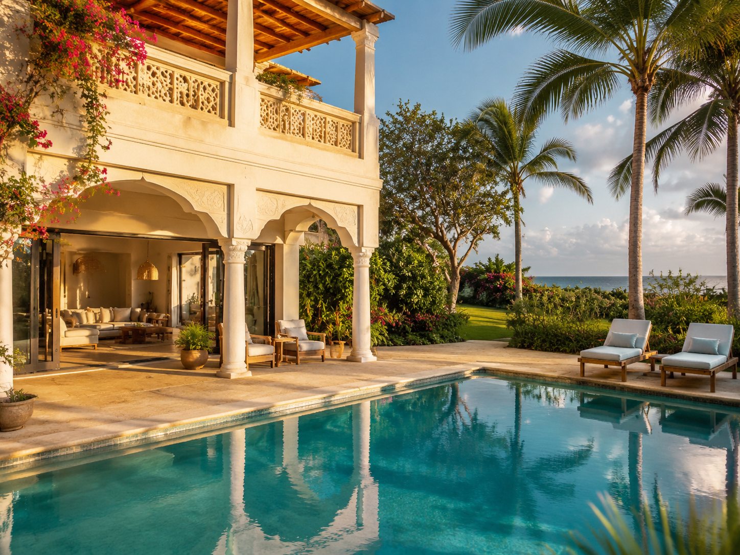 A luxury coastal villa with pool overlooking the ocean at sunset